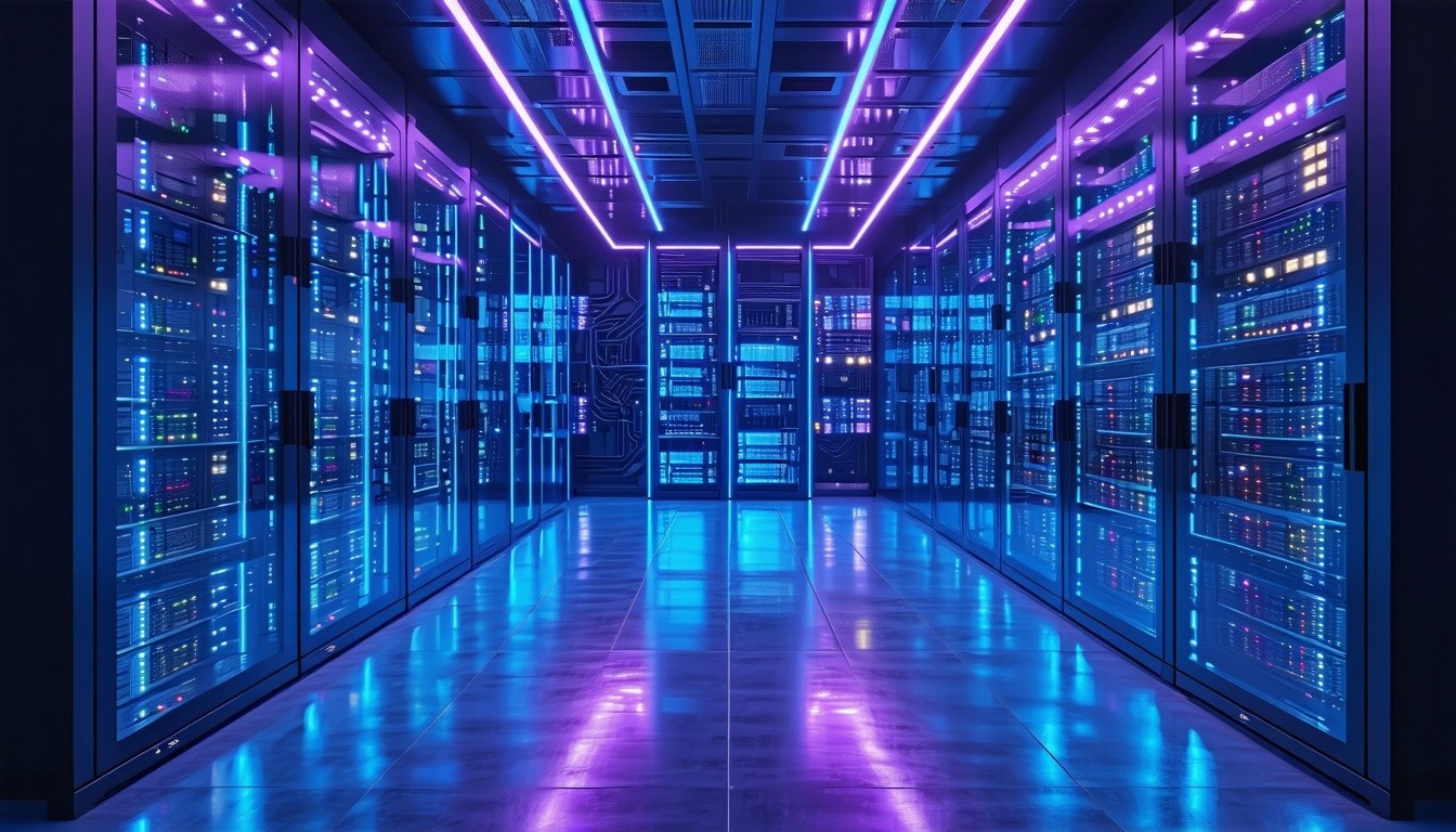 Futuristic server room with neon blue and purple lighting