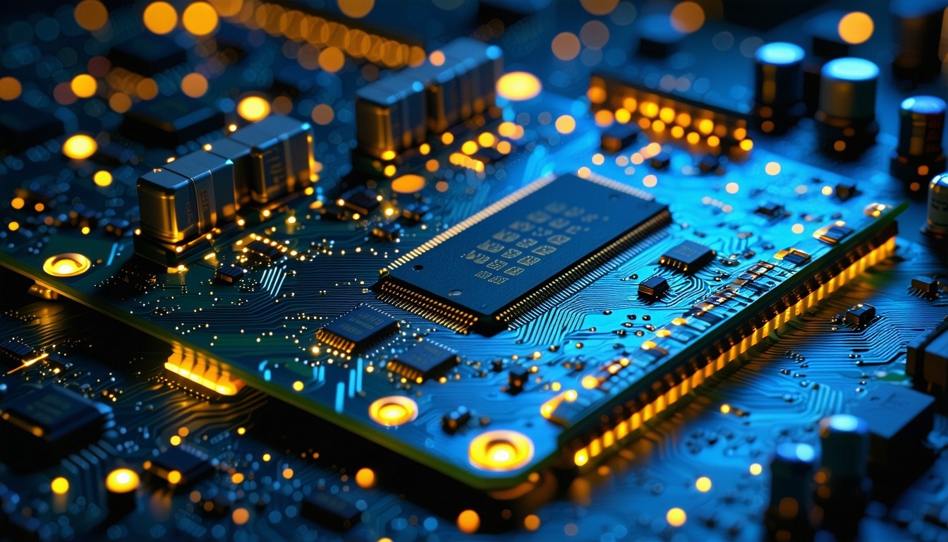 Close-up of a glowing circuit board on a dark background