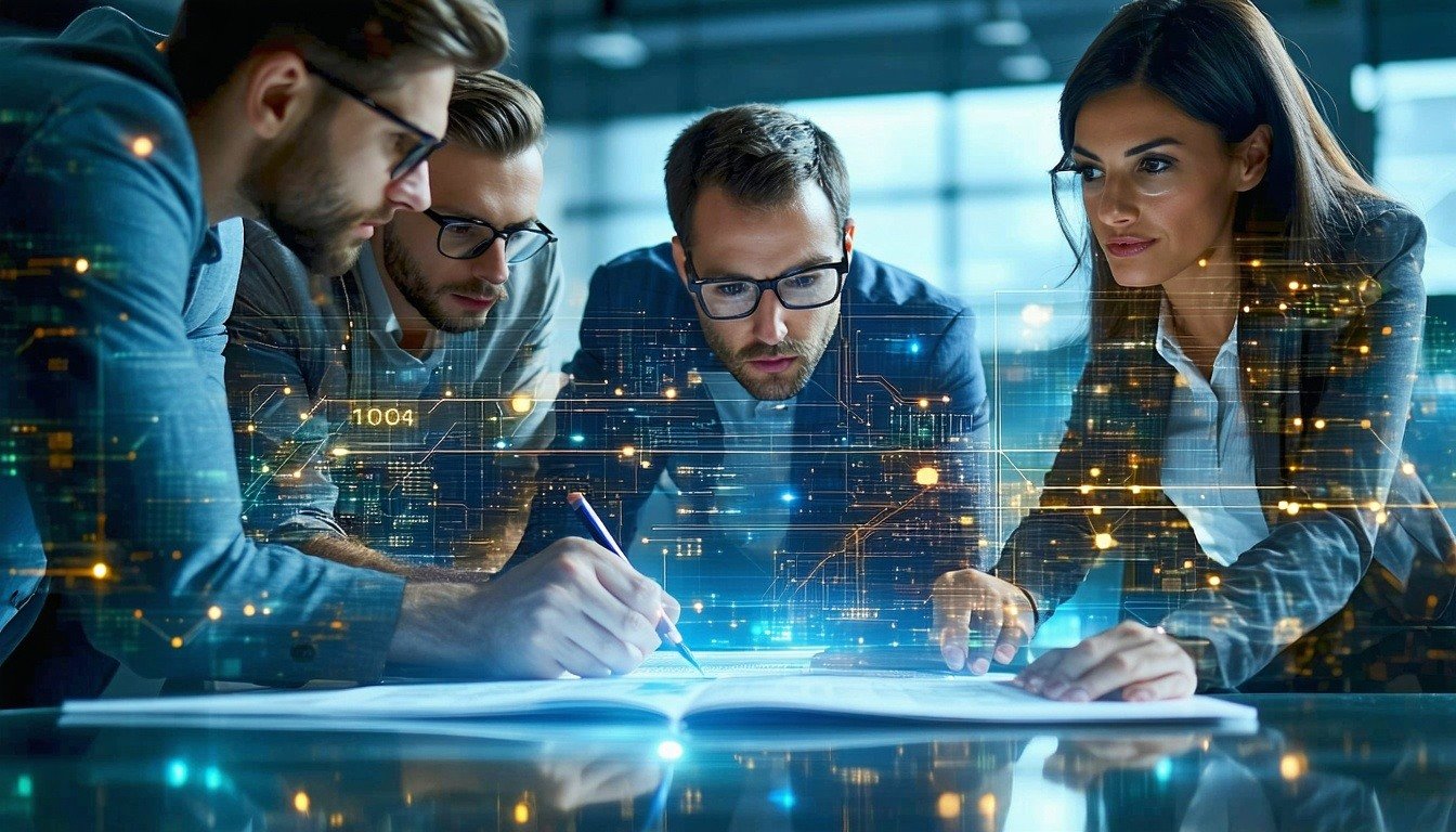 Team of IT experts discussing a project with circuit lines overlay